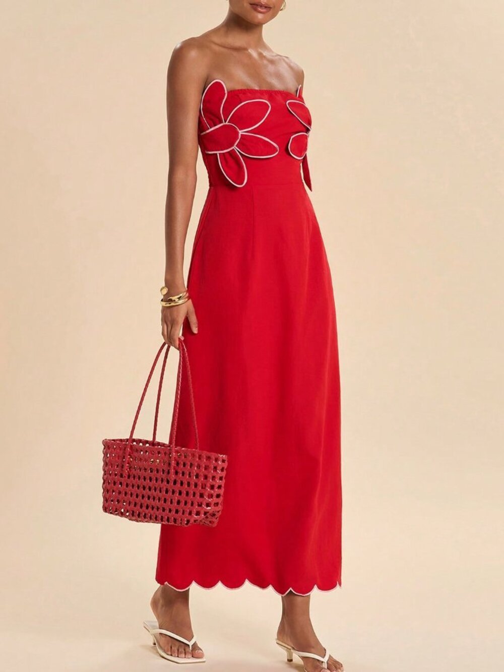 Red Casual Women's Floral Mid-Length Strapless Dress - Picture 3 of 7